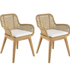 Lot de 2 fauteuils jardin teck rotin synthétique et coussin blanc VALERIA