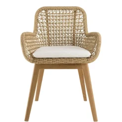 Lot de 2 fauteuils jardin teck rotin synthétique et coussin blanc VALERIA