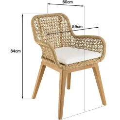 Lot de 2 fauteuils jardin teck rotin synthétique et coussin blanc VALERIA