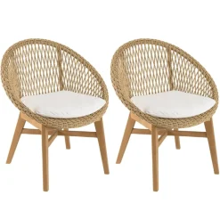 Lot de 2 fauteuils jardin arrondi teck rotin synthétique et coussin VALERIA