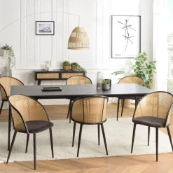 Lot de 2 fauteuils tissu noir dossier arrondi effet cannage LEA