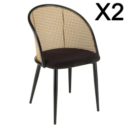 Lot de 2 fauteuils tissu noir dossier arrondi effet cannage LEA