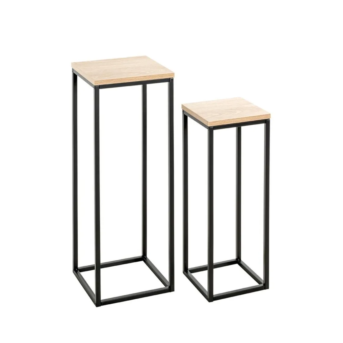 Lot de 2 porte plantes en métal noir et étagères décor chêne