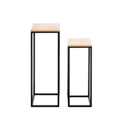 Lot de 2 porte plantes en métal noir et étagères décor chêne