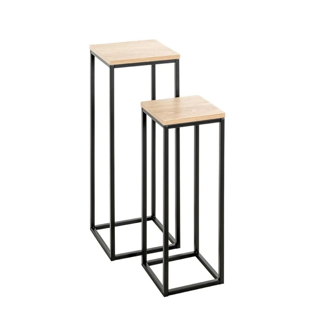 Lot de 2 porte plantes en métal noir et étagères décor chêne