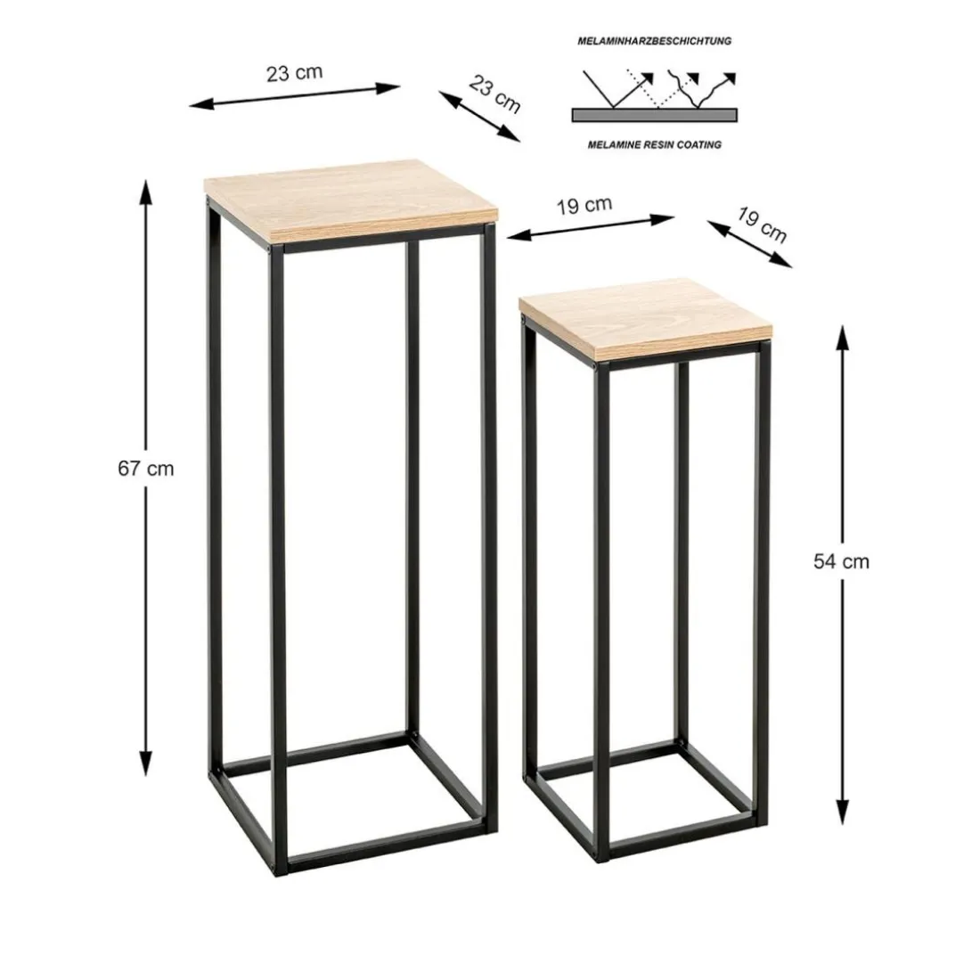 Lot de 2 porte plantes en métal noir et étagères décor chêne
