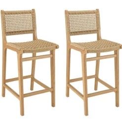 Lot de 2 tabourets bar de jardin teck rotin synthétique beige VALERIA