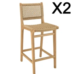 Lot de 2 tabourets bar de jardin teck rotin synthétique beige VALERIA