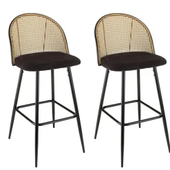 Lot de 2 tabourets de bar assise tissu noir dossier effet cannage LEA