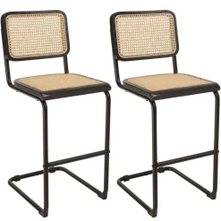 Lot de 2 tabourets d'ilot bois noir rotin naturel pieds métal PIERRE