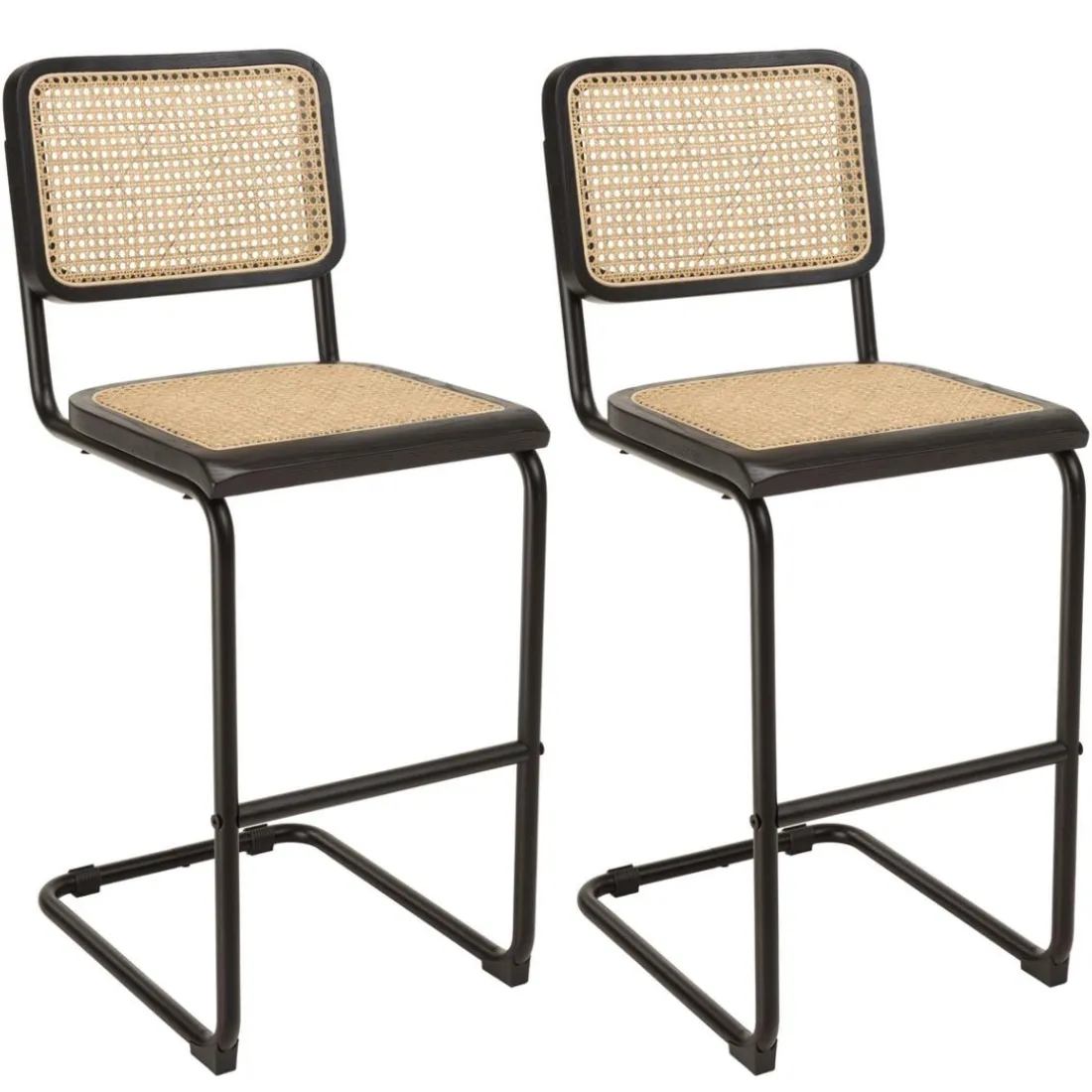Lot de 2 tabourets d'ilot bois noir rotin naturel pieds métal PIERRE