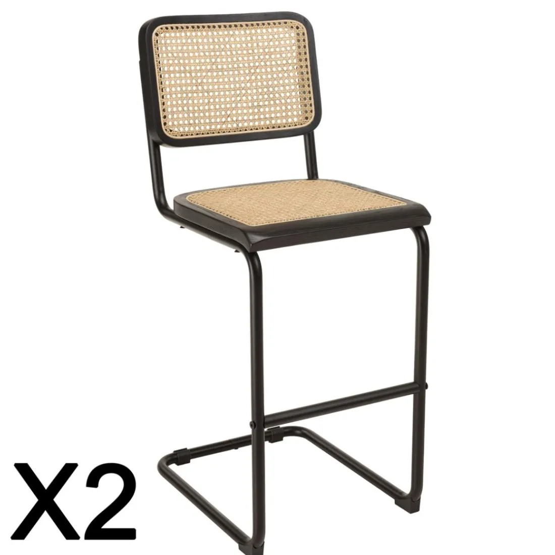 Lot de 2 tabourets d'ilot bois noir rotin naturel pieds métal PIERRE