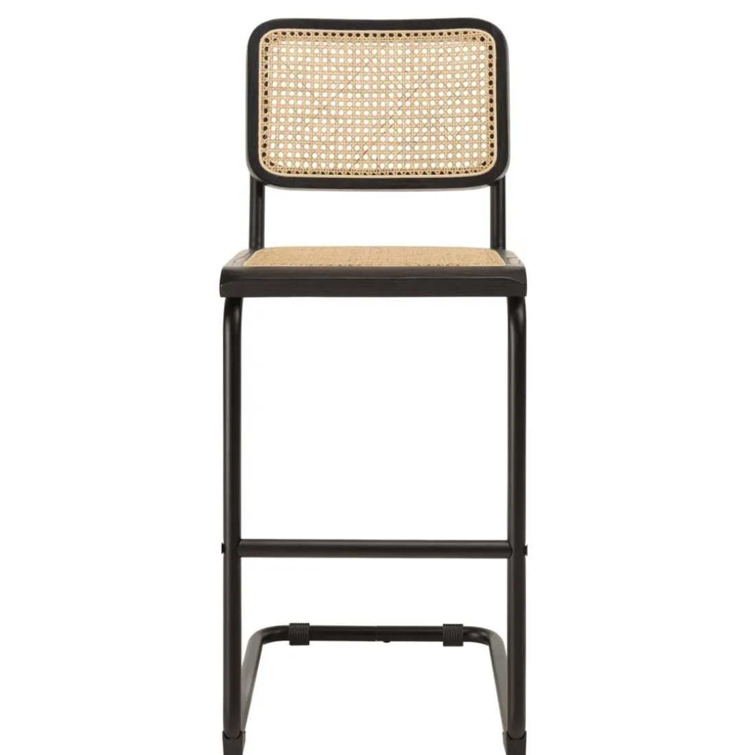 Lot de 2 tabourets d'ilot bois noir rotin naturel pieds métal PIERRE