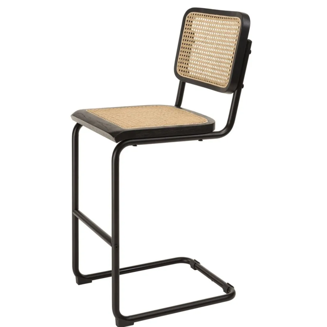 Lot de 2 tabourets d'ilot bois noir rotin naturel pieds métal PIERRE