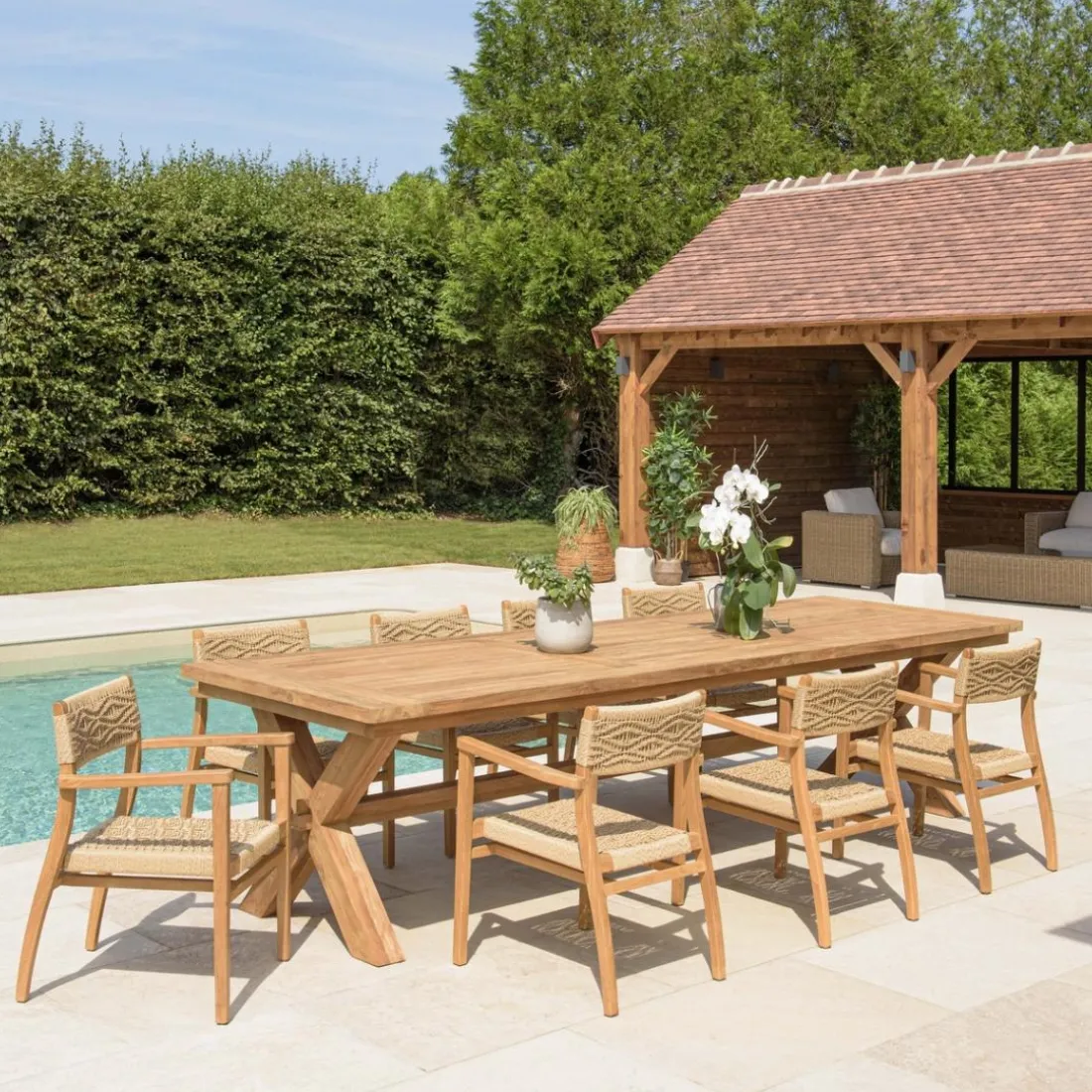 Lot n°8 Salon de jardin teck recyclé rotin synthétique 8 à 10 personnes VALERIA