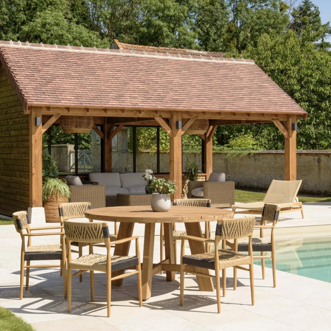 Lot n°28 Salon de jardin teck recyclé rotin synthétique 6 personnes VALERIA