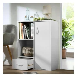 Meuble à 4 cases avec 1 porte et 1 tiroir en bois blanc