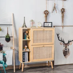 Meuble à chaussures en rotin 2 tiroirs marron