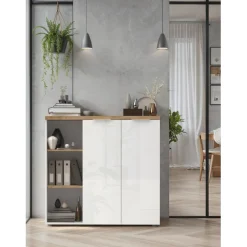 Meuble de bureau bas 2 portes 2 étagères niche avec 2 étagères chene poigné métal EASY