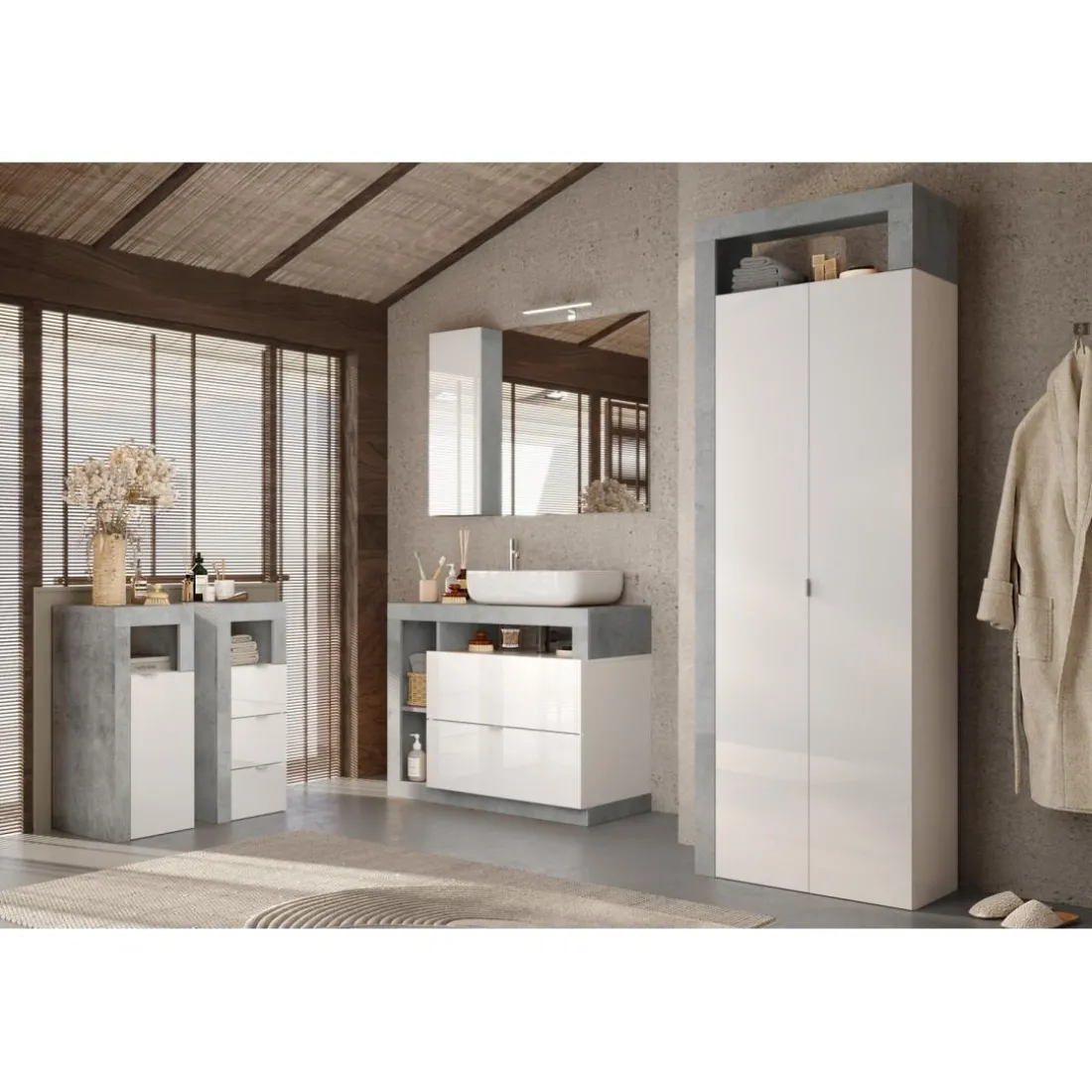 Meuble de rangement salle de bain 1 Porte effet béton façade blanc laqué L35xH78 cm