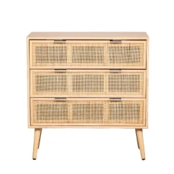 Meuble de Rangement Scandinave 3 Tiroirs Cannage en Bois MANILLA