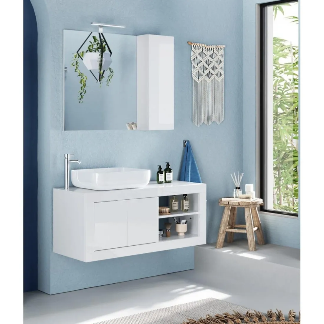 Meuble salle de bain Bari suspendu Blanc laqué 2 Portes 2 niches vasque à poser