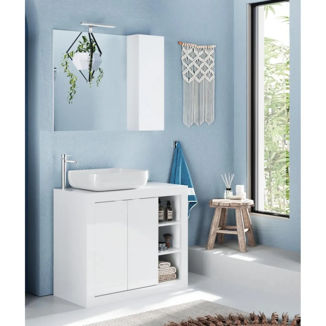 Meuble salle de bain Bari sur pieds 2 Portes 3 niches vasque à poser