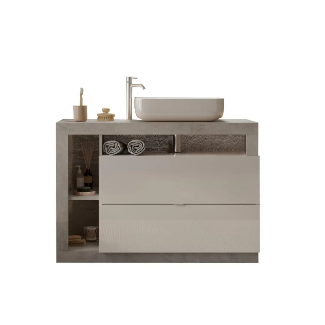 Meuble salle de bain sur pieds Ancona 2 Tiroirs 3 niches vasque à poser 110 cm