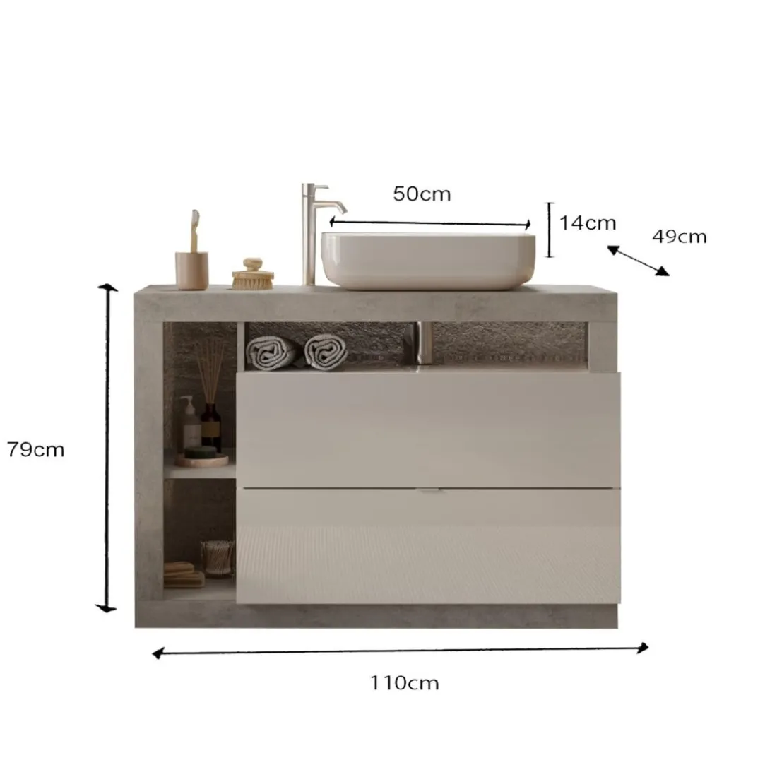 Meuble salle de bain sur pieds Ancona 2 Tiroirs 3 niches vasque à poser 110 cm