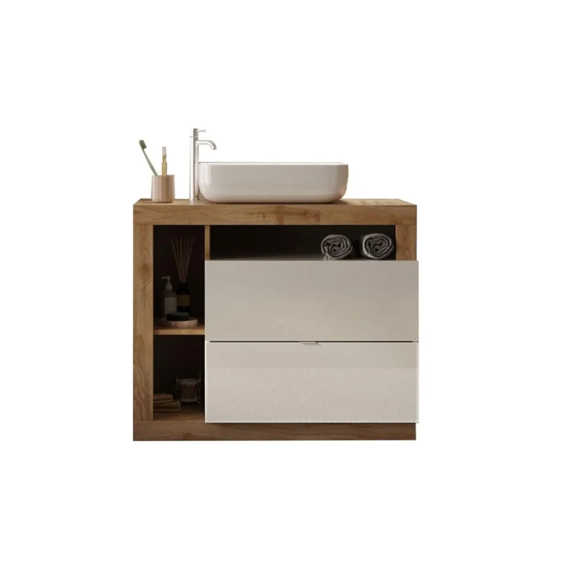 Meuble salle de bain sur pieds Ancona 2 Tiroirs 3 niches avec vasque à poser 78 cm