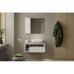 Meuble salle de bain suspendu Ancona coloris Béton 1 Tiroir et 2 niches vasque à poser 92 cm