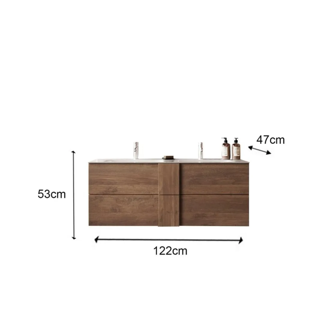 Meuble salle de bain suspendu 2 tiroirs et double vasque integrée en céramique