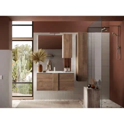 Meuble salle de bain suspendu coloris Chêne 2 tiroirs 100 cm