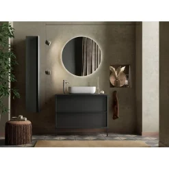 Meuble salle de bain Syracuse sur pieds coloris Frêne Noir 2 tiroirs et vasque