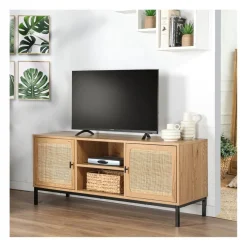 Meuble TV 2 Portes avec Cannage Rotin et 2 Niches en bois Beige