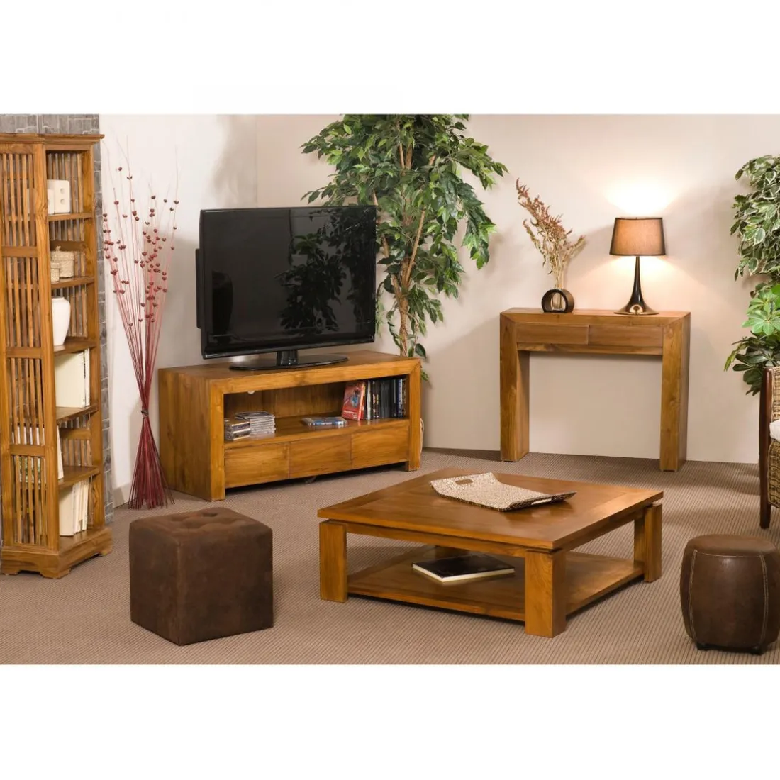 Meuble TV 2 portes persiennes en teck - Miel