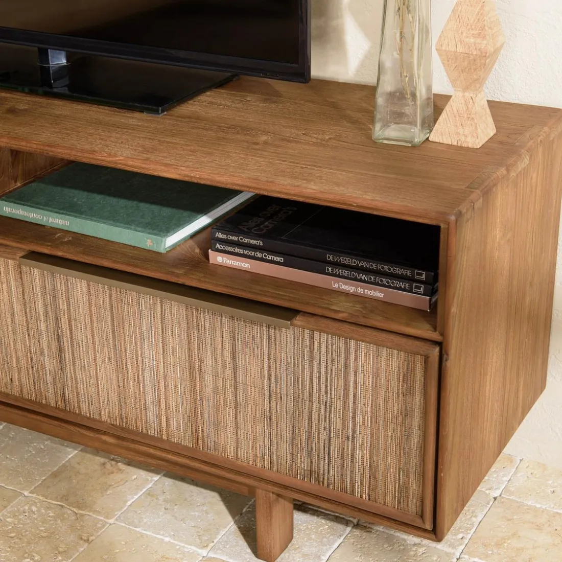 Meuble TV 2 tiroirs 2 niches en bois de teck recyclé