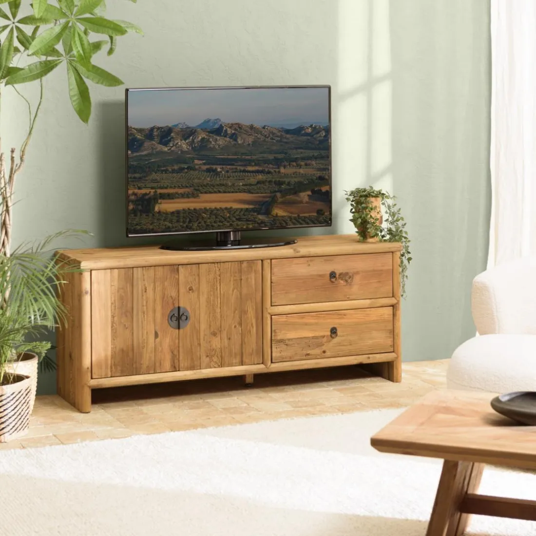 Meuble TV 2 tiroirs 2 portes bois pin recyclé SANDY