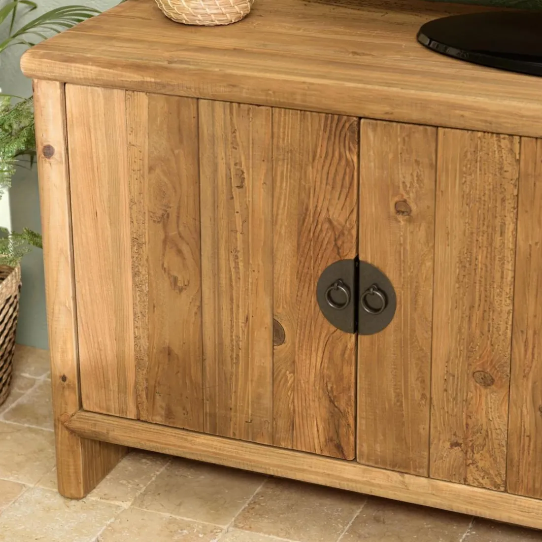 Meuble TV 2 tiroirs 2 portes bois pin recyclé SANDY