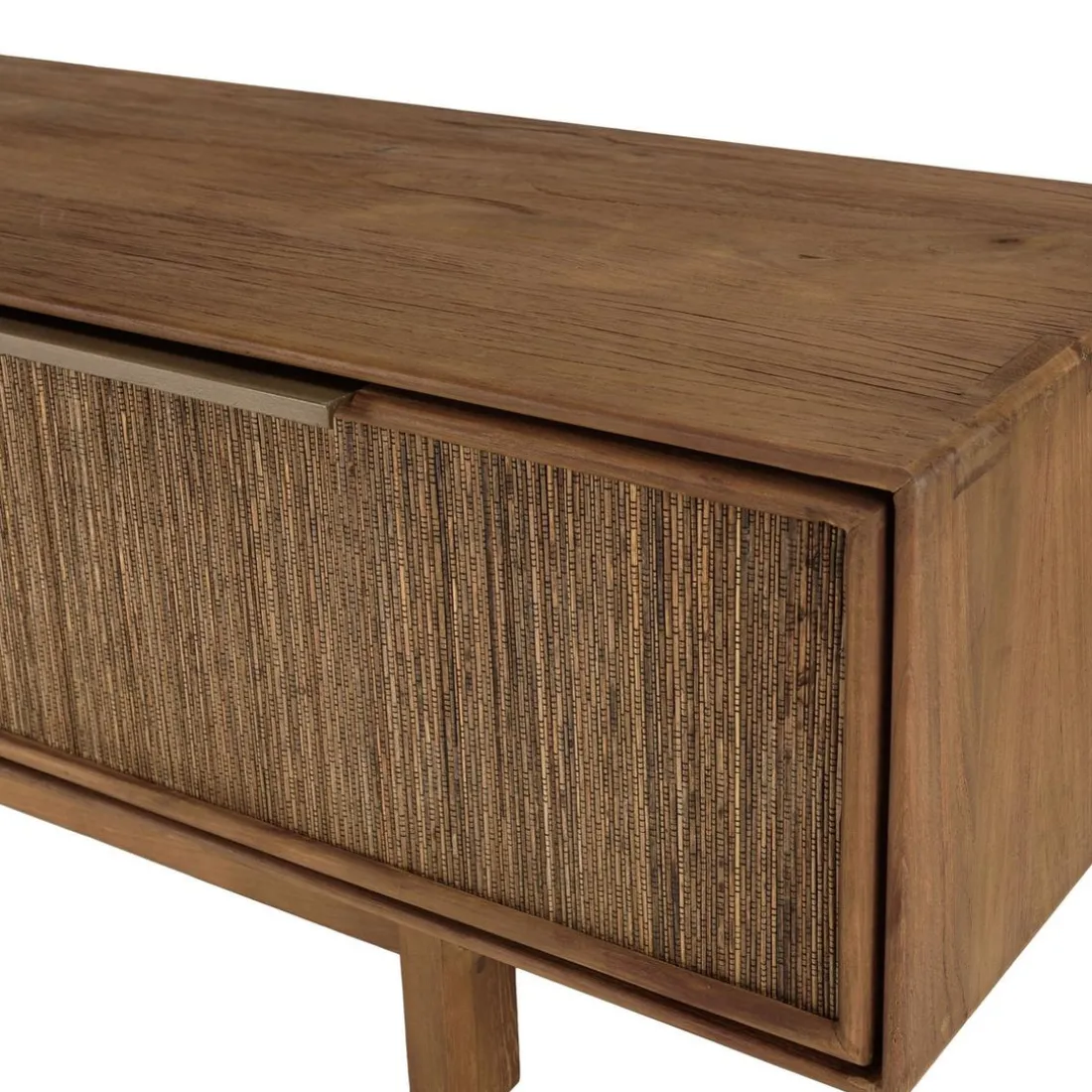 Meuble TV 2 tiroirs en bois teck recyclé et tissage naturel