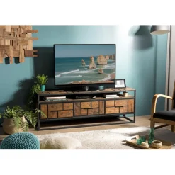 Meuble TV ALIDA 3 Tiroirs 1 Étagère Bois Teck Recyclé Et Métal