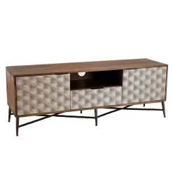 Meuble TV en bois de manguier 2 portes 1 tiroir motifs ethniques ALIX