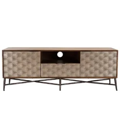 Meuble TV en bois de manguier 2 portes 1 tiroir motifs ethniques ALIX