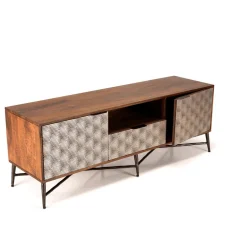 Meuble TV en bois de manguier 2 portes 1 tiroir motifs ethniques ALIX