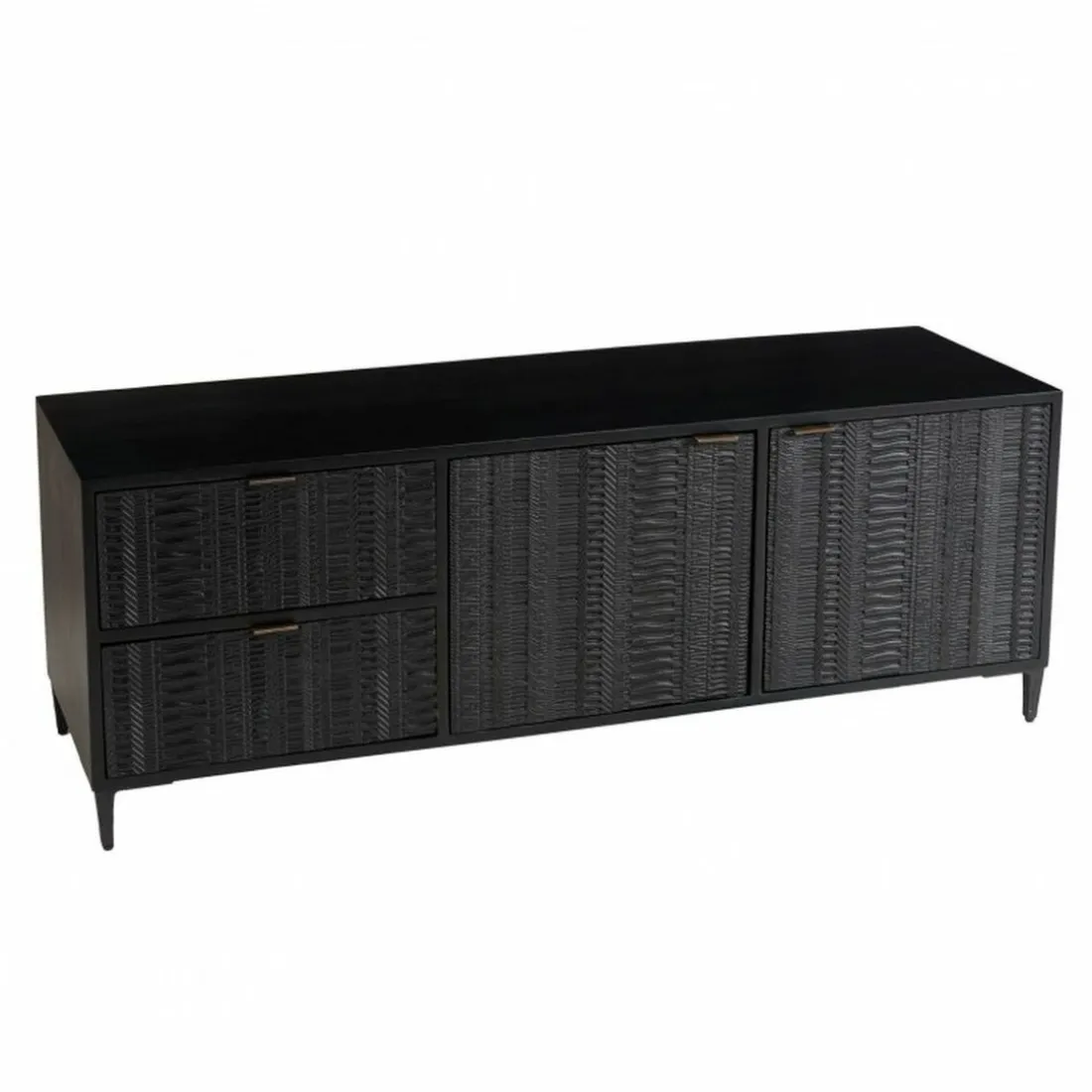 Meuble TV en bois de manguier avec 2 portes et 2 tiroirs sculptés GLORIA noir