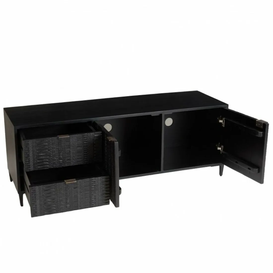 Meuble TV en bois de manguier avec 2 portes et 2 tiroirs sculptés GLORIA noir