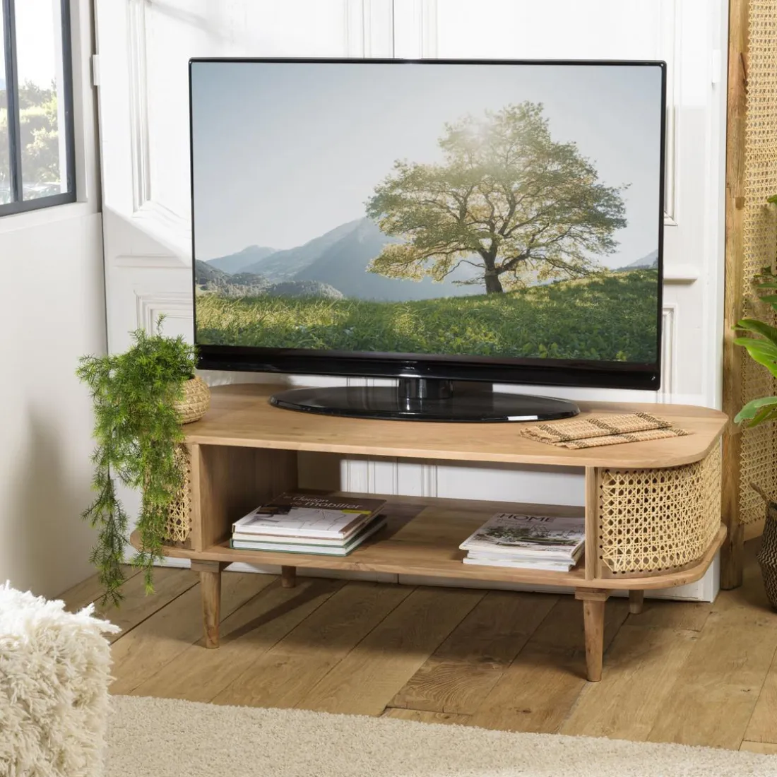 Meuble TV marron bois de jamelonier et cannage naturel ISA