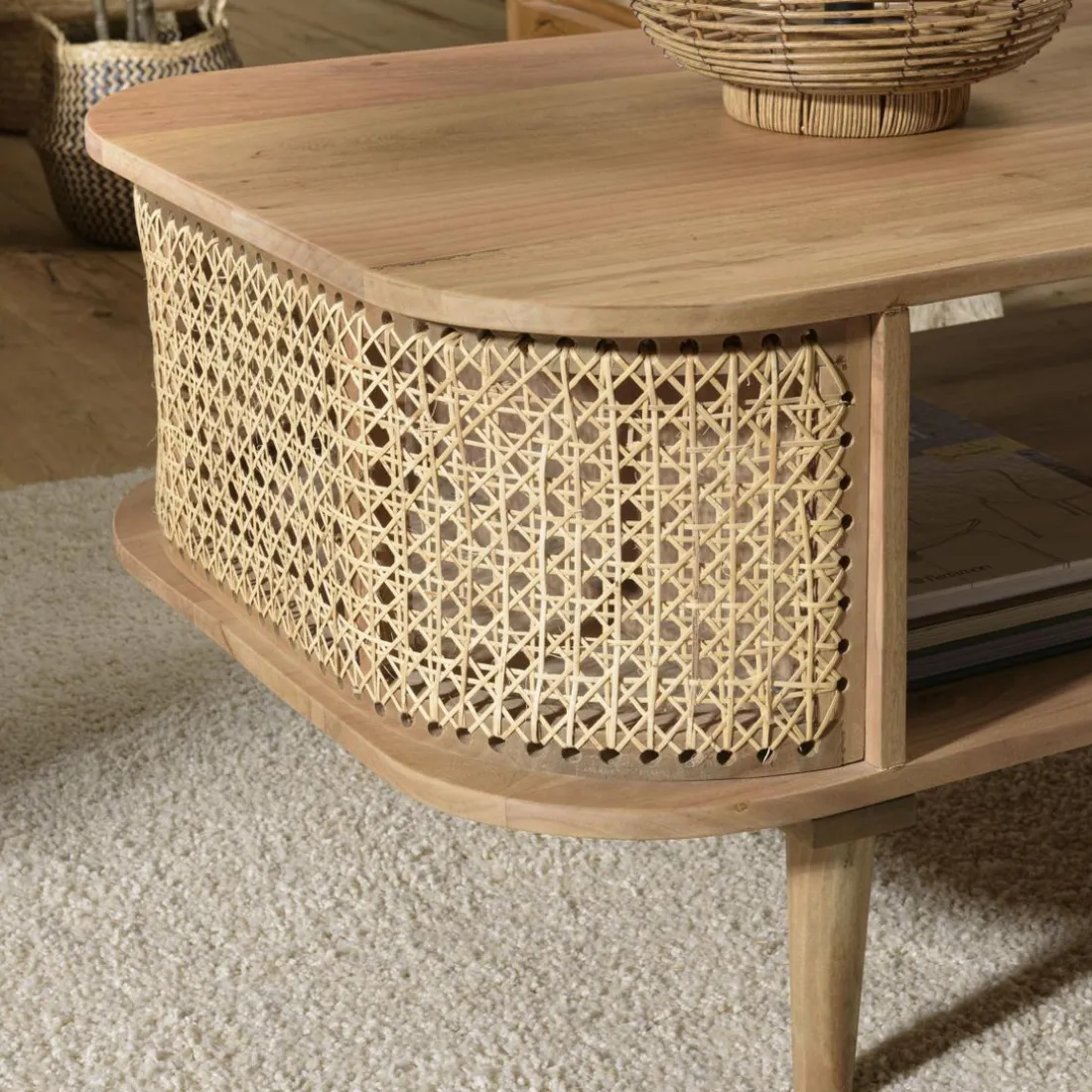 Meuble TV marron bois de jamelonier et cannage naturel ISA