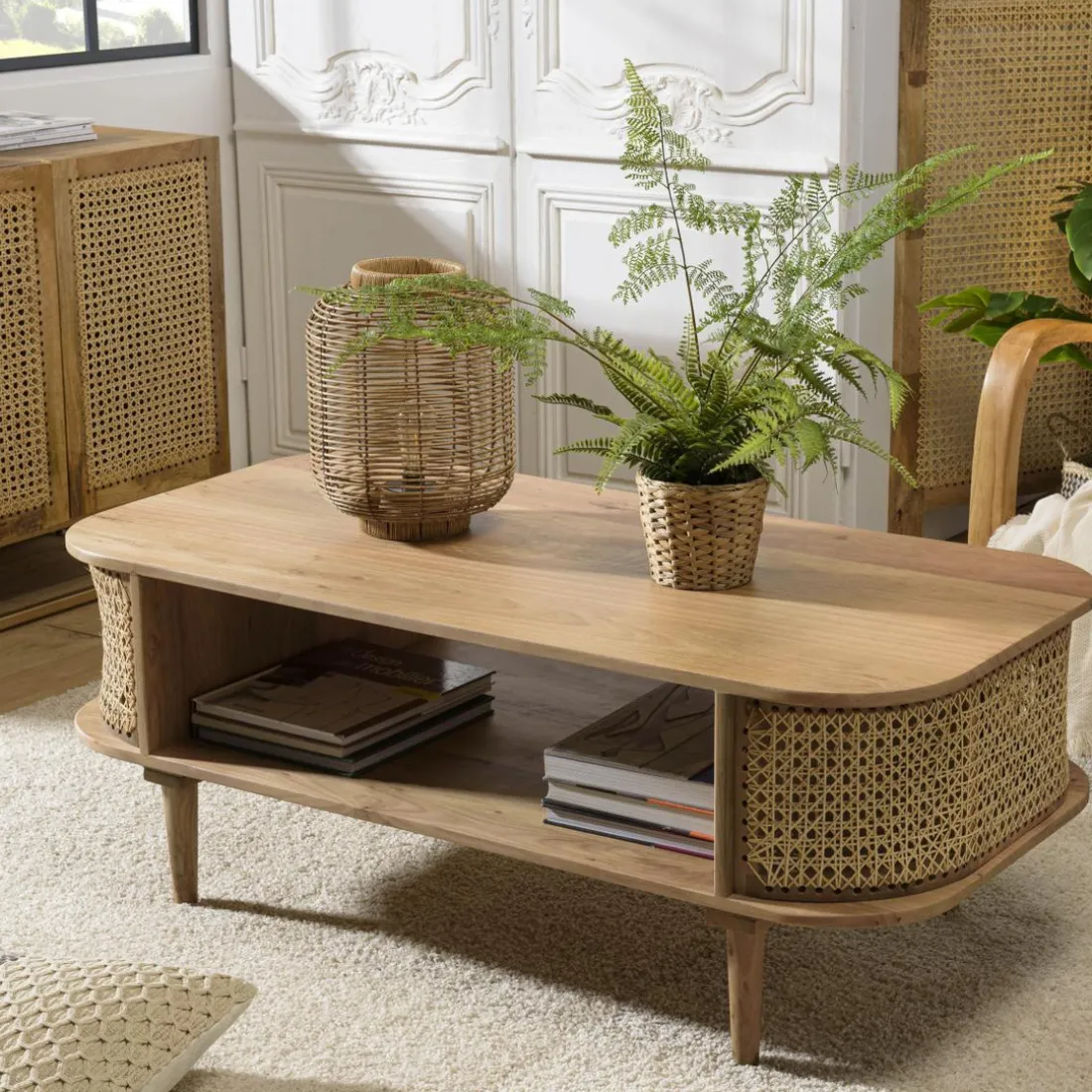 Meuble TV marron bois de jamelonier et cannage naturel ISA