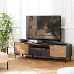 Meuble TV marron, noir 2 p. 1 tiroir 1 niche Pin pieds métal